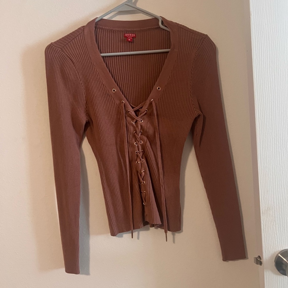 Guess Tan Lace-Up Ribbed Women's Blouse